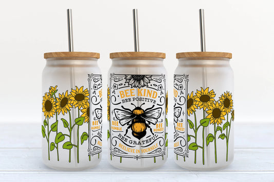 Libby Beer Glass Can Cup Sunflowers and Bees - Bee Kind Bee Positive Coffee Lover Gift - Frosted or Clear Glass Cup | Funny Gift Idea